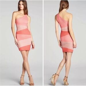 BCBGMaxAzria Kira One Shoulder Dress in‎ Coral Pink Colorblock Bodycon medium